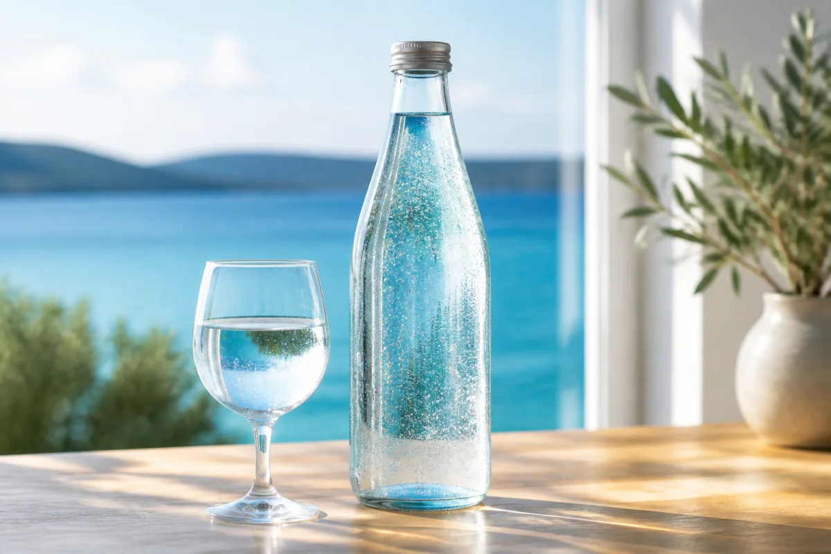 Bouteille d'eau minérale élégante et verre sur une table en bois pour illustrer l'hydratation et le bien-être.