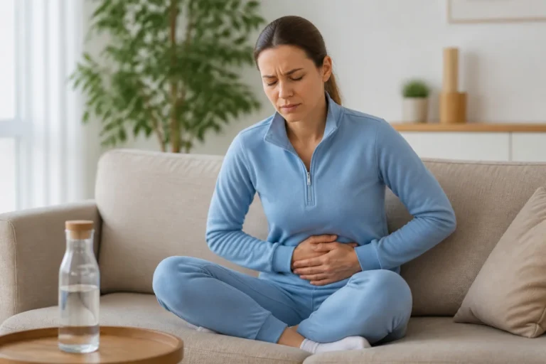 Femme en tenue de sport assise sur un canapé, réfléchissant à sa santé avec une bouteille d'eau à proximité.