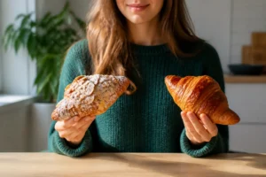 Personne tenant un croissant aux amandes et un croissant nature, illustrant les kilocalories d'un croissant gourmand.