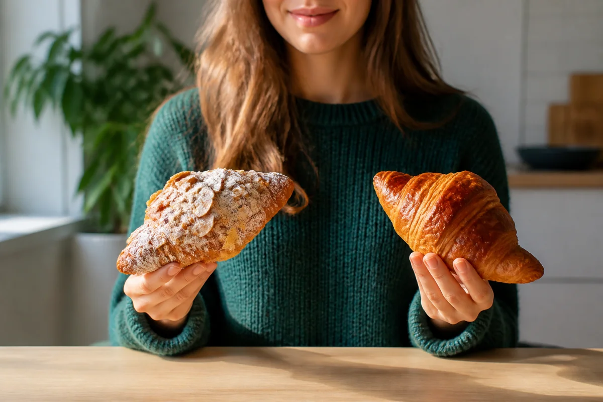Personne tenant un croissant aux amandes et un croissant nature, illustrant les kilocalories d'un croissant gourmand.