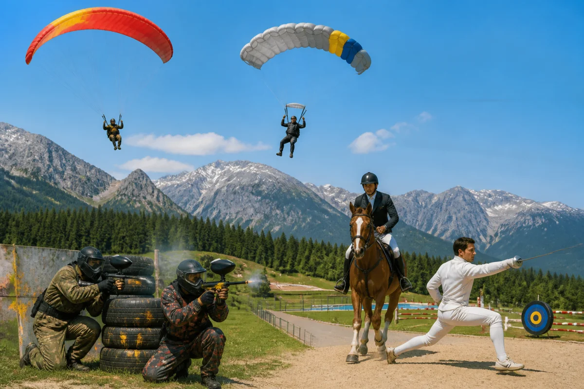 Collage de quatre sports en P : parapente, parachutisme, paintball et pentathlon moderne dans un paysage naturel