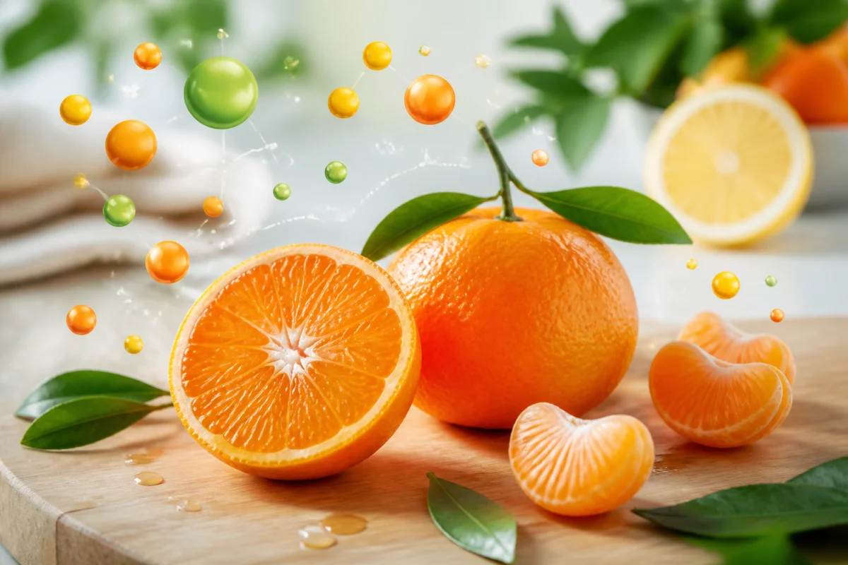 Deux clémentines fraîches ouvertes, illustrant leur richesse en vitamine C, vitamine B9 et vitamines du groupe B