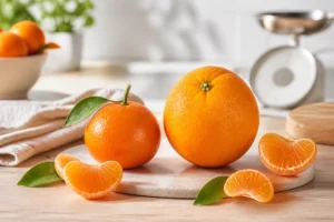 Clémentine et orange fraîches côte à côte, illustrant la comparaison des kilocalories par portion d’agrumes