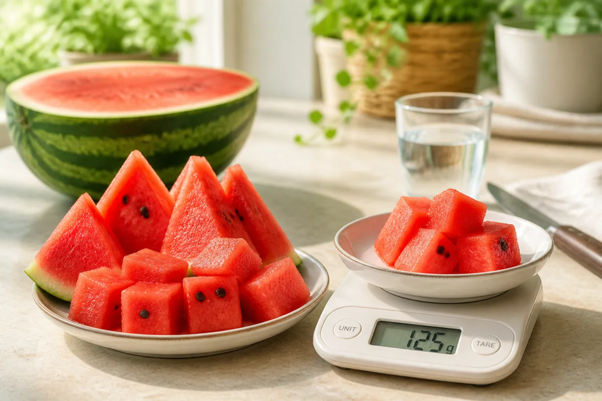 Portion de pastèque rouge en tranches et cubes, pesée sur une balance de cuisine pour illustrer sa kilocalorie nutritive