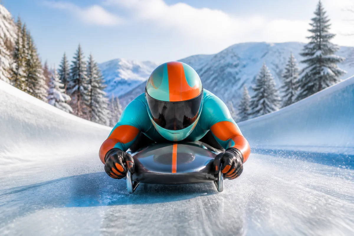 Lugeur amateur en combinaison turquoise et orange sur une piste glacée bordée de sapins enneigés, illustrant un sport en L