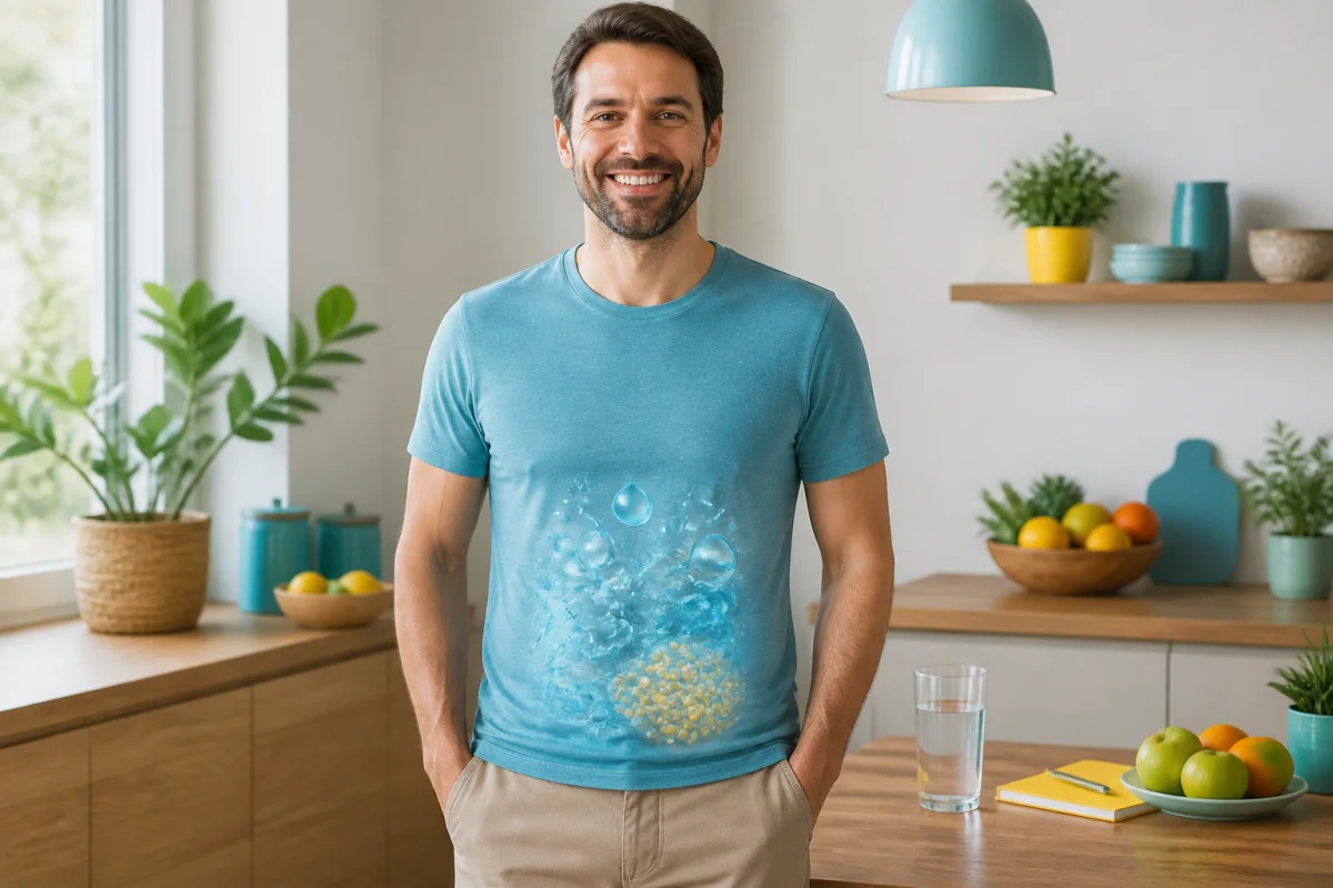 Adulte souriant dans une cuisine lumineuse, ventre moins gonflé après une semaine sans sucre ajouté, fruits et eau en arrière-plan