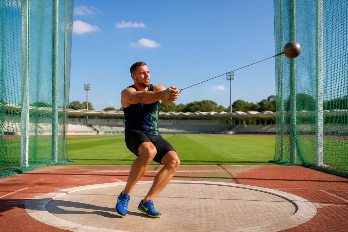 Athlète pratiquant le lancer de marteau dans un stade d’athlétisme, illustration d’un sport en L dynamique et technique