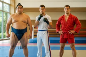 Athlètes pratiquant le sumo, la savate et le sambo dans une salle d’entraînement moderne avec tatamis