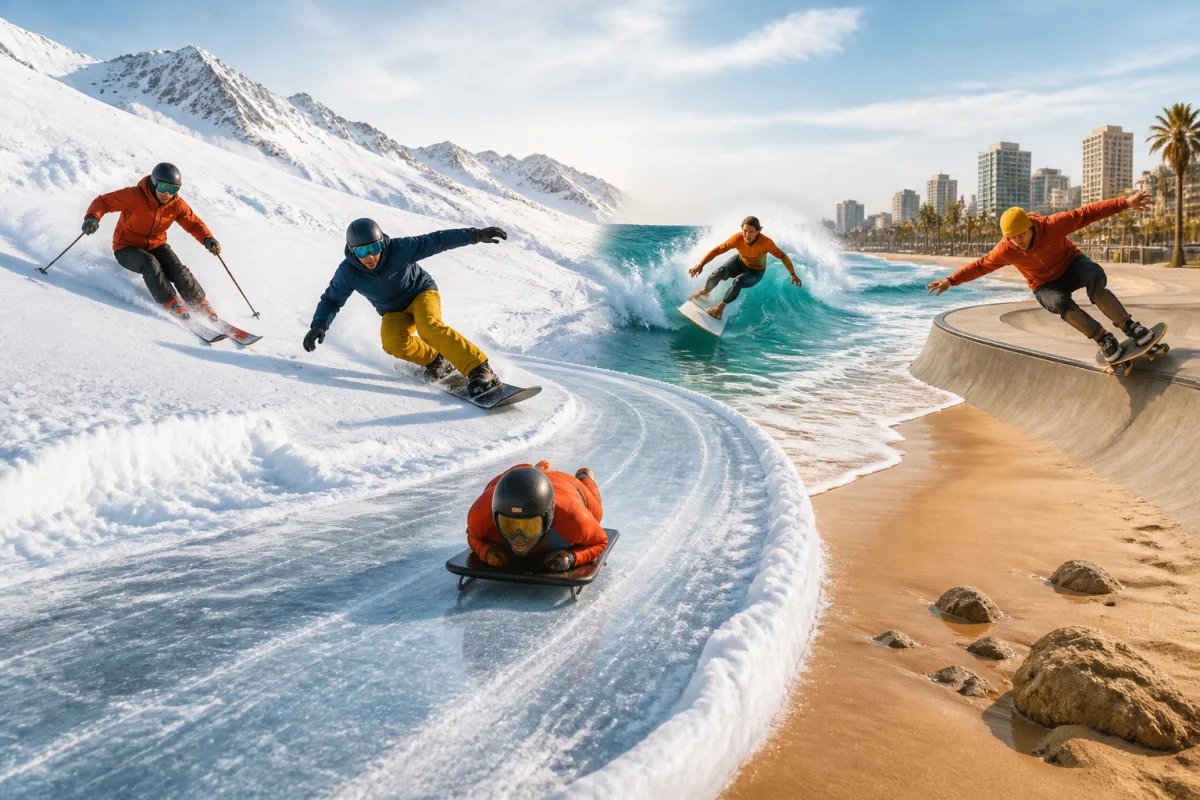 Illustration panoramique des sports en S : ski, surf, snowboard, skateboard et skeleton dans divers paysages de glisse