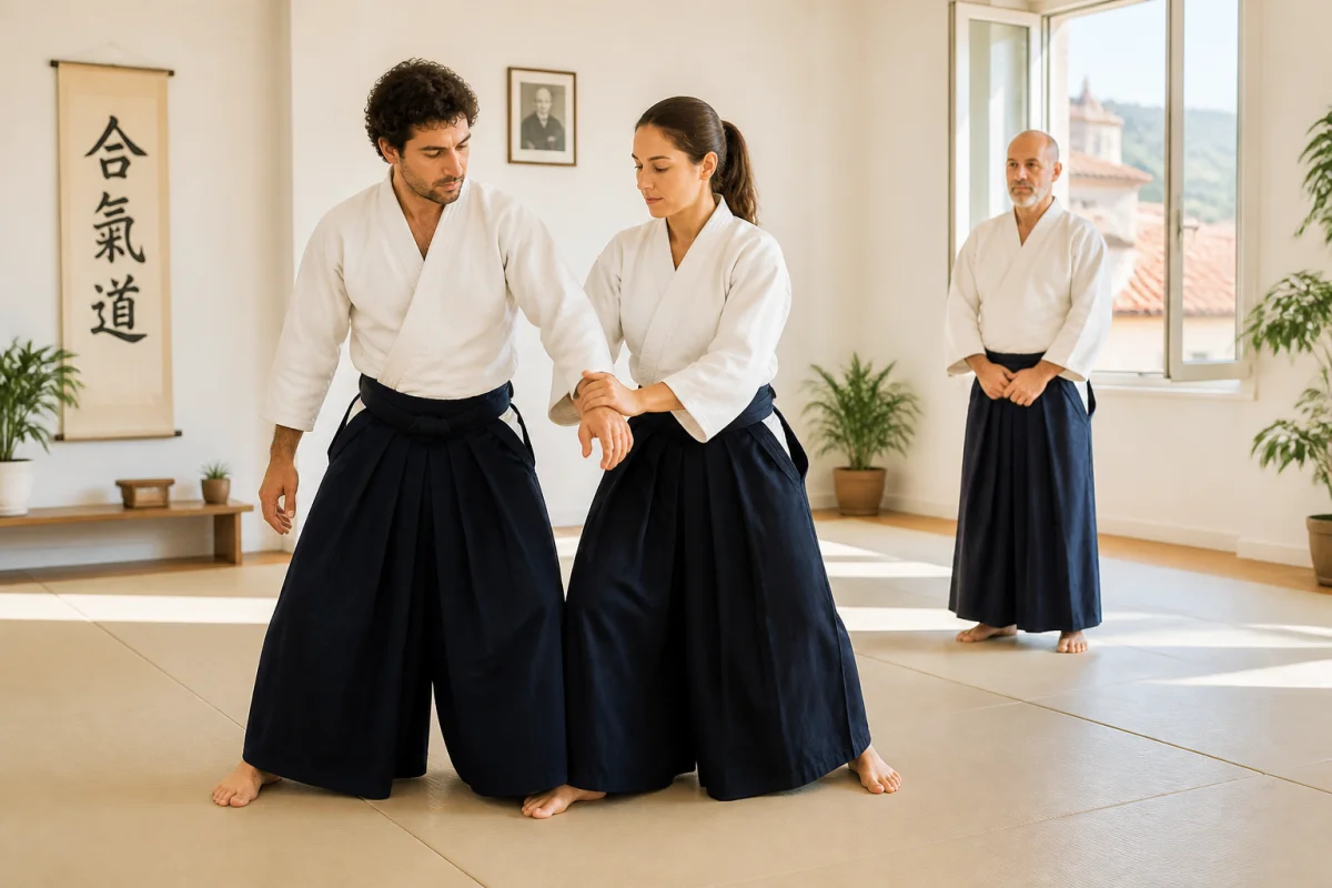 Deux pratiquants d’aïkido s’exercent dans un dojo lumineux à Nice, sous le regard d’un instructeur