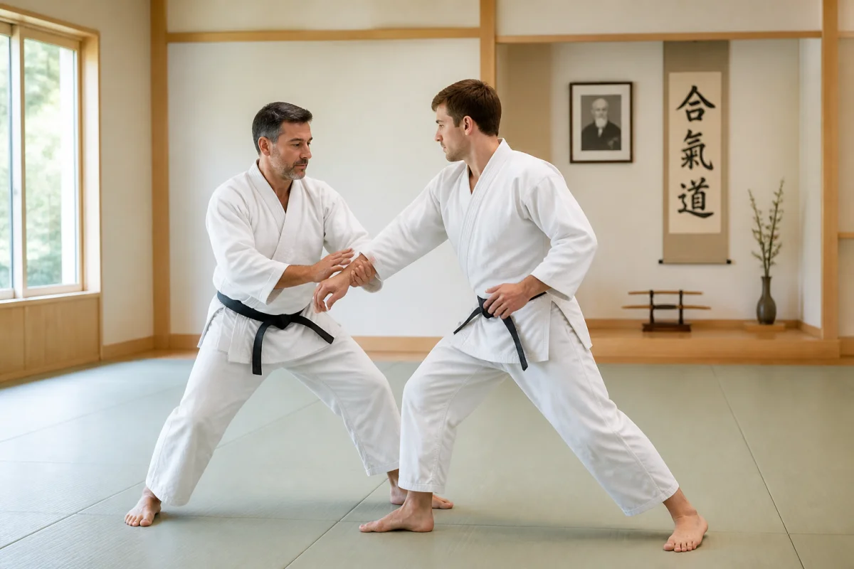Deux pratiquants d’aïkido s’exercent dans un dojo lumineux lors d’un cours d’Aikido Nice serein et équilibré