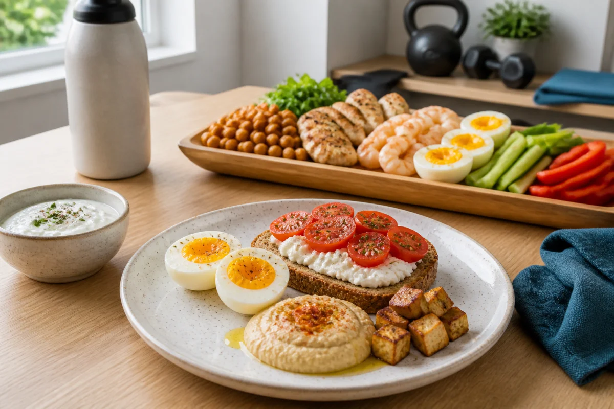 Collation protéinée post entraînement avec œufs, pain complet, houmous, tofu fumé, fromage frais et tomates cerises.