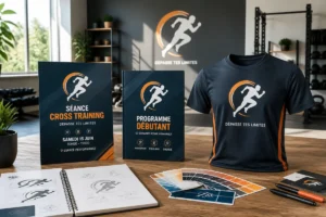 Logo pour salle de sport décliné sur publication, programme débutant et t-shirt dans un studio de conception graphique
