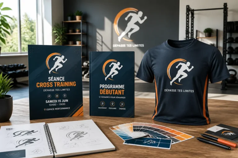 Logo pour salle de sport décliné sur publication, programme débutant et t-shirt dans un studio de conception graphique