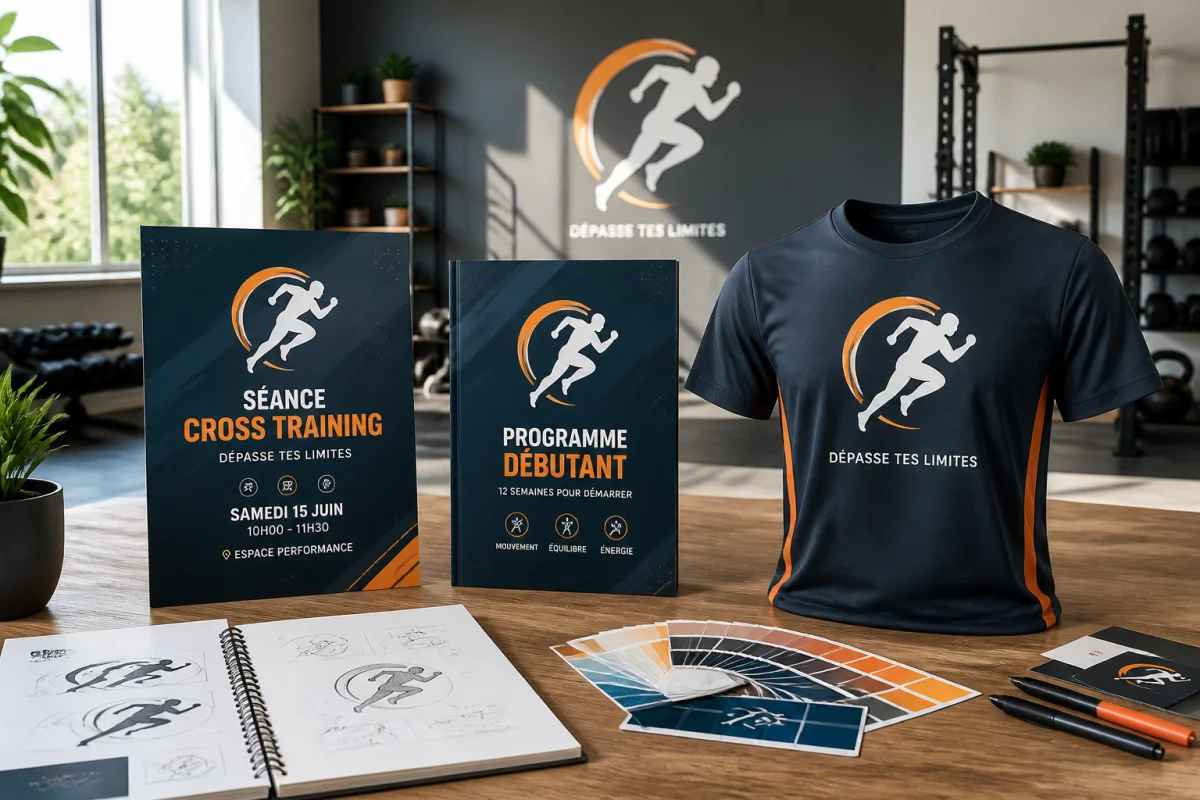 Logo pour salle de sport décliné sur publication, programme débutant et t-shirt dans un studio de conception graphique