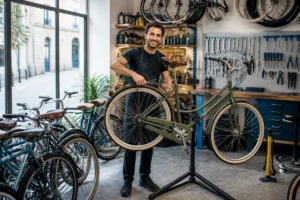 Mécanicien de Cool Bike réparant un vélo urbain dans un atelier lumineux à Bordeaux, entouré de modèles et d’outils.