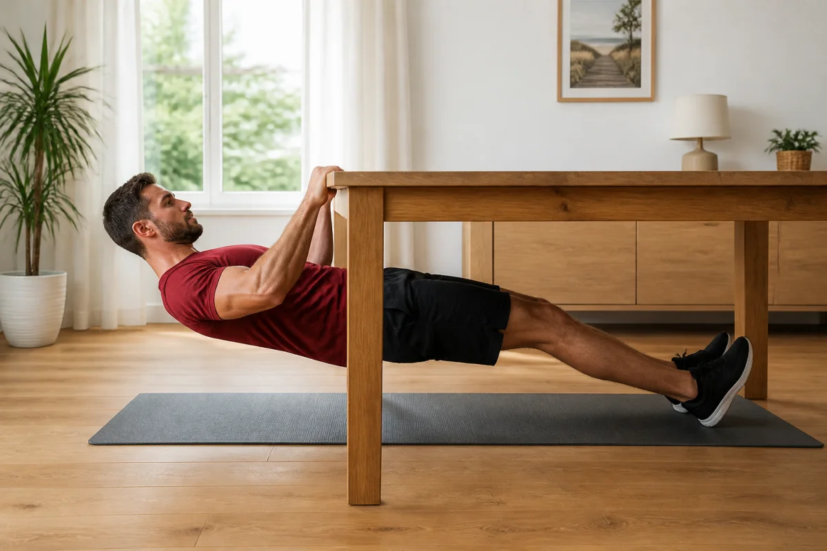 Adulte athlétique réalisant un tirage horizontal sous une table pour développer son dos à la maison