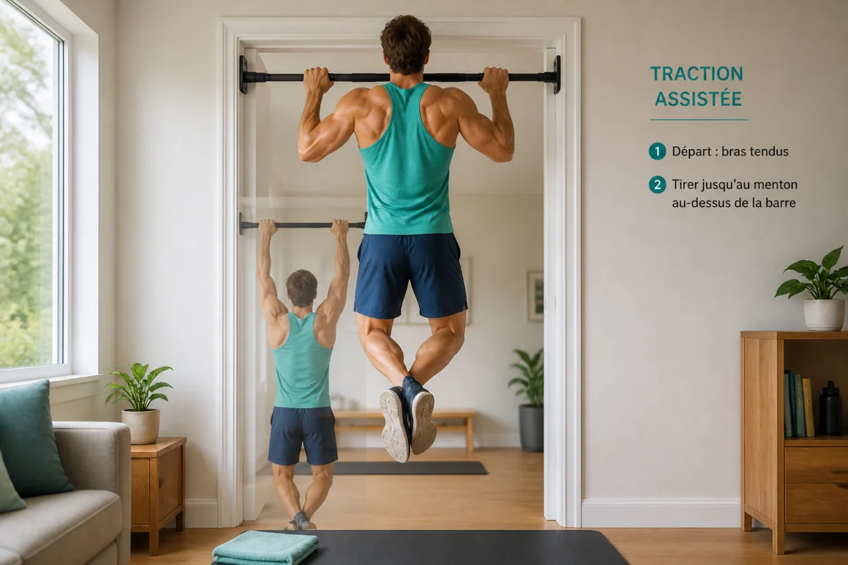 Exercice de traction assistée à la maison pour développer son dos, avec progression sur barre fixée dans une porte