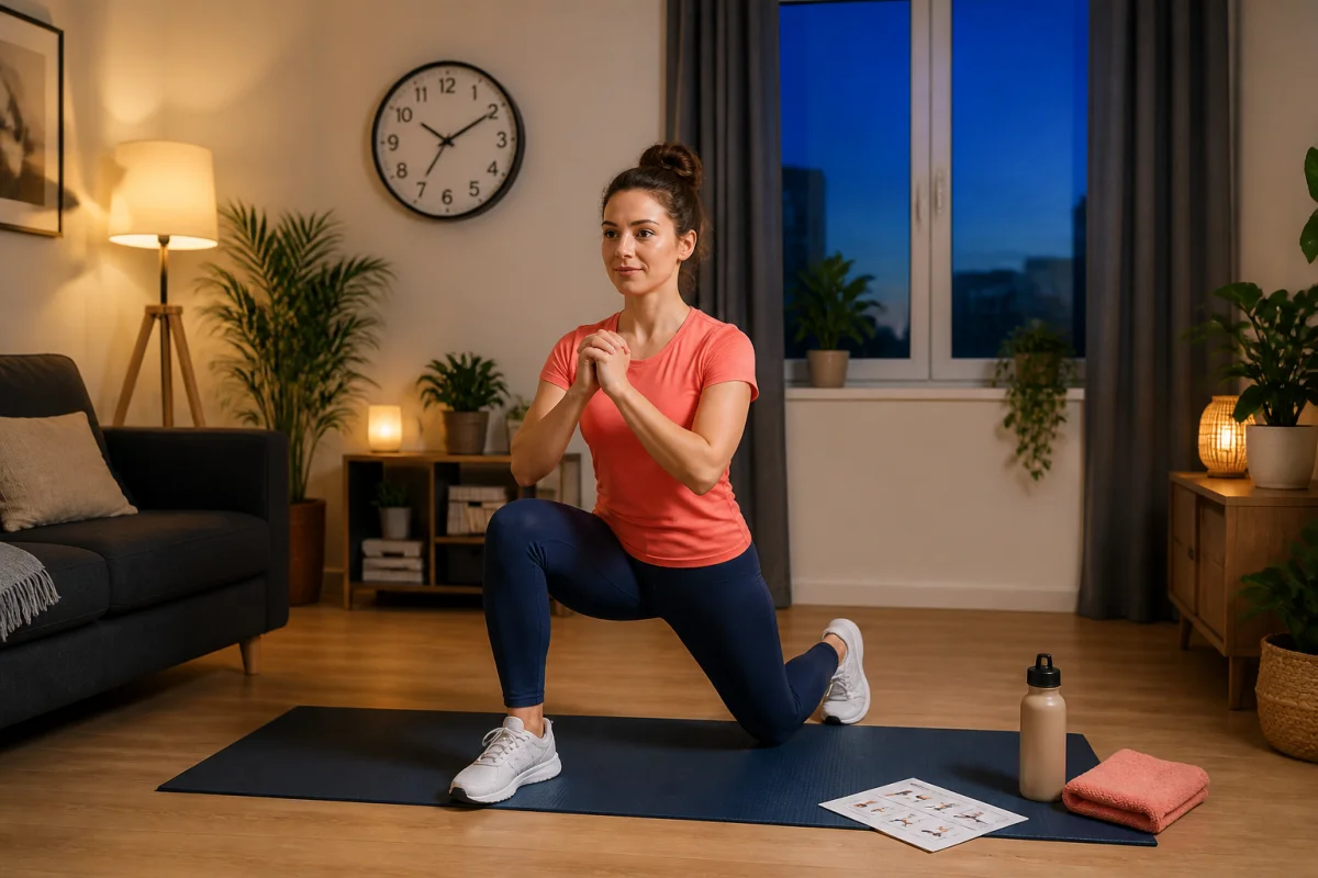 Adulte réalisant une fente avant sur tapis dans un salon, séance de sport à la maison le soir, ambiance sereine