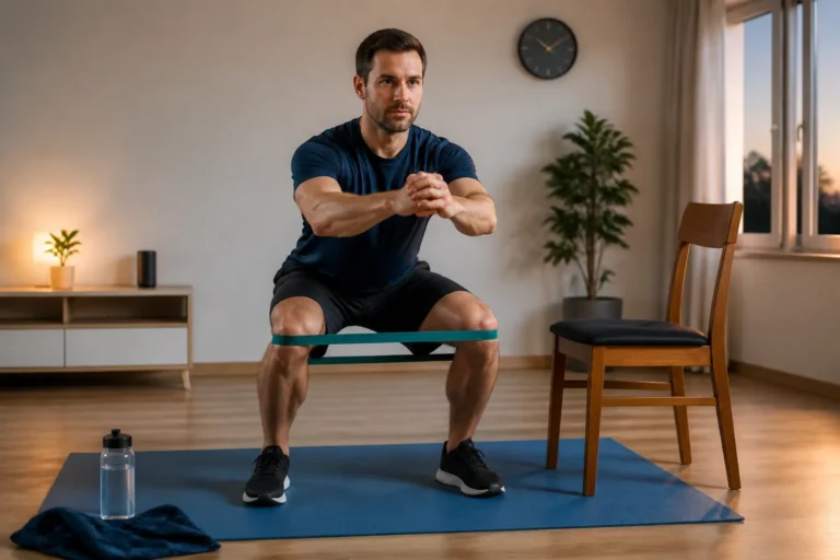 Adulte réalisant un squat contrôlé sur tapis dans un salon, avec élastique, chaise et accessoires pour s’entraîner à la maison le soir
