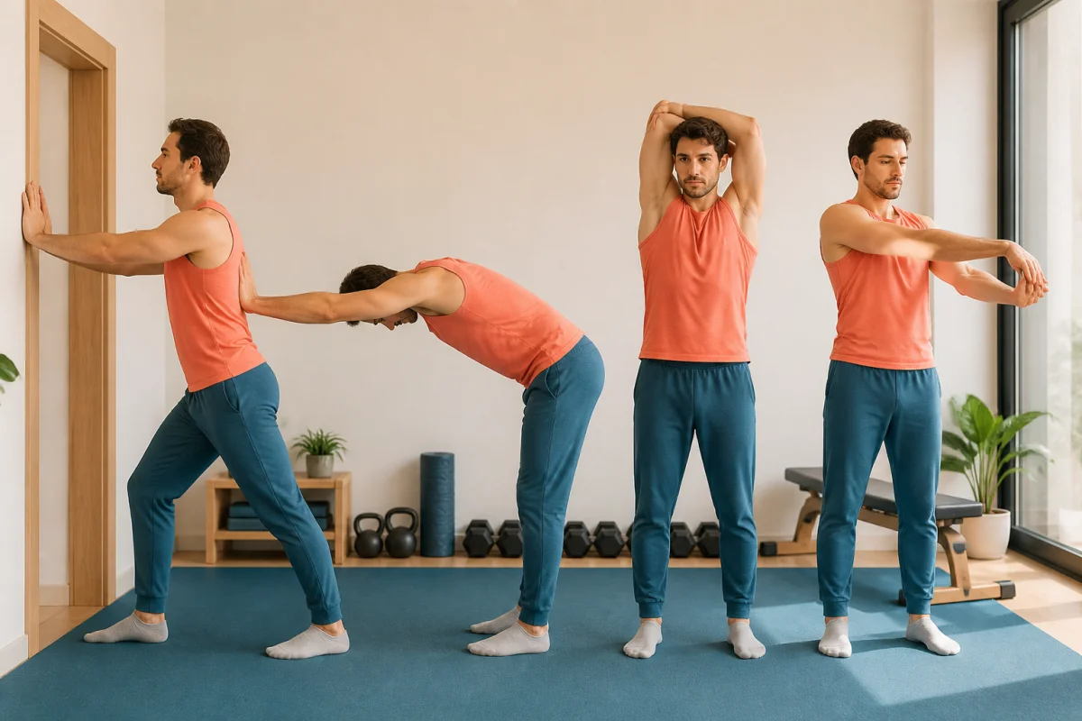 Sportif réalisant des étirements après musculation dans une salle lumineuse, avec exercices des pectoraux, dorsaux, triceps et poignets