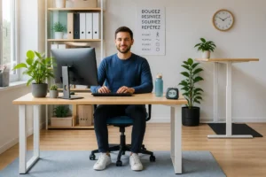 Exercices pour améliorer sa posture au bureau, avec dos soutenu, épaules détendues et pieds bien posés au sol