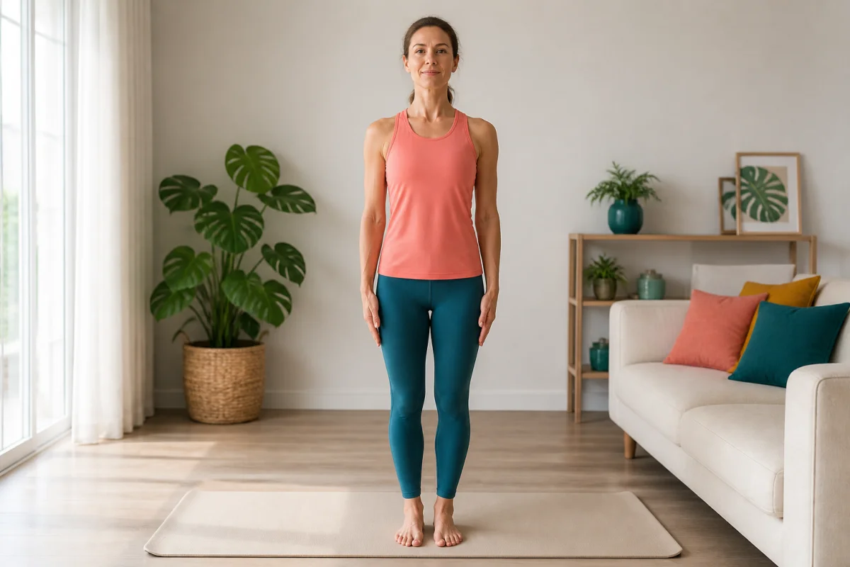 Adulte réalisant des exercices pour améliorer sa posture, dos droit et épaules ouvertes dans un salon lumineux