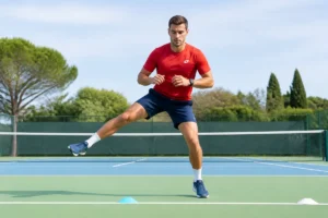 Exercices de préparation physique pour le tennis : athlète réalisant un skater jump sur un court extérieur