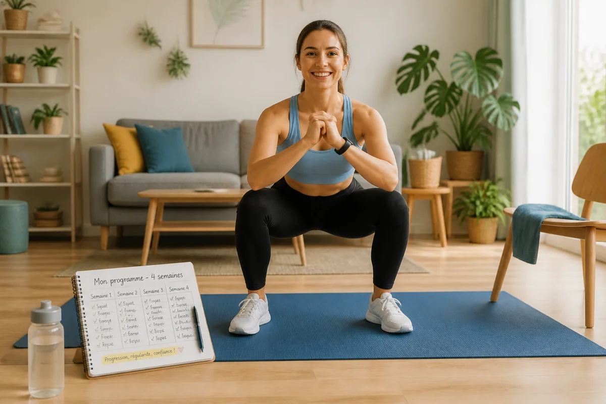 Débutante souriante réalisant un squat au poids du corps chez elle, carnet de quatre semaines et tapis d’exercice visibles
