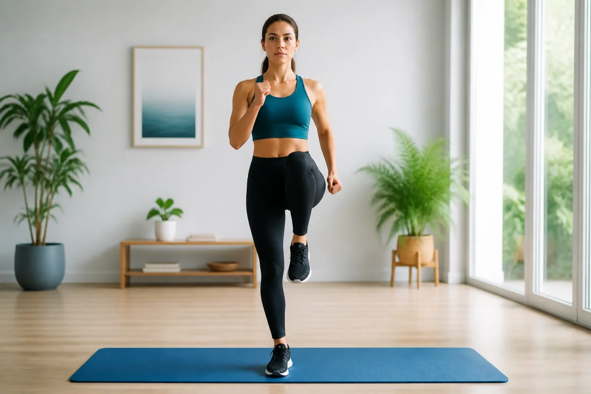 Sportive réalisant une fente arrière avec montée du genou, exercice de renforcement musculaire pour taekwondo à la maison
