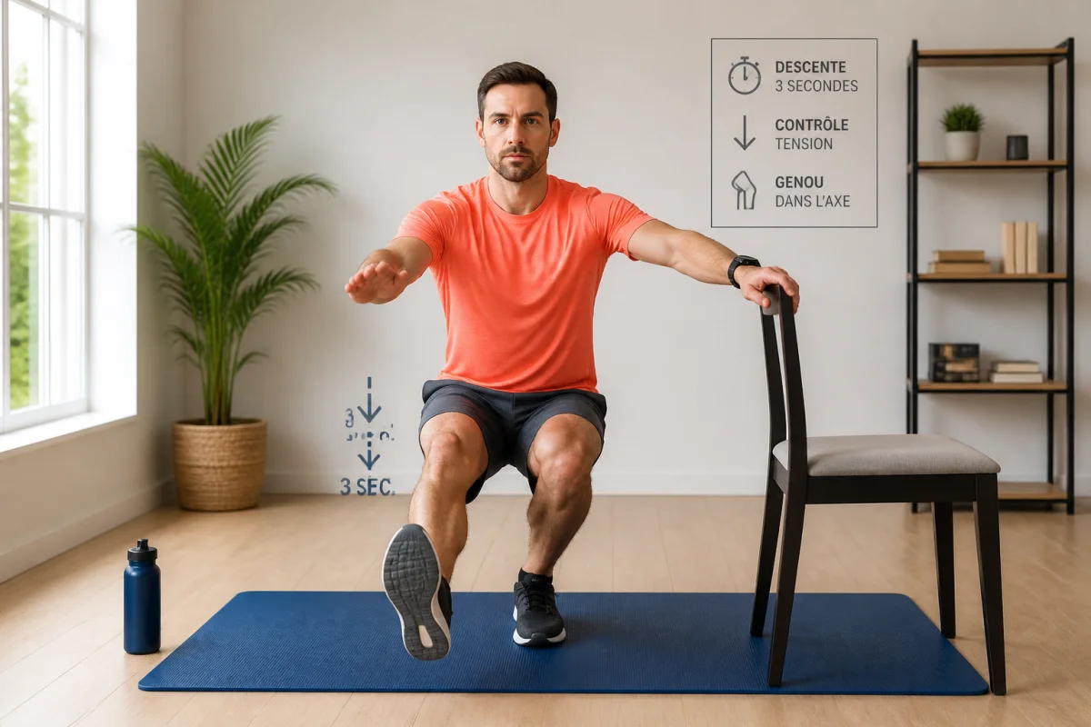 Exercice de renforcement musculaire pour taekwondo : squat sur une jambe assisté à domicile sur tapis bleu