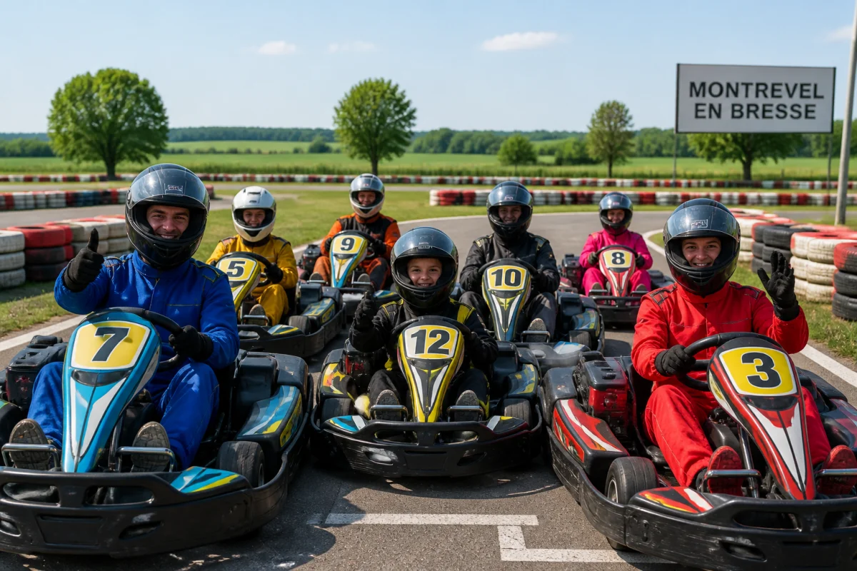 Famille et amis en karts colorés sur le circuit de karting à Montrevel-en-Bresse avant le départ