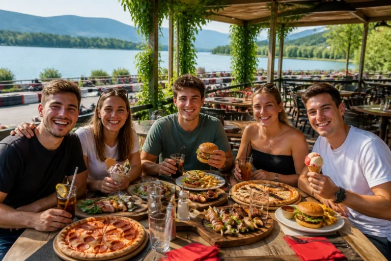 Groupe d’amis partageant un repas convivial au restaurant du Karting Montrevel en Bresse, près d’un lac verdoyant