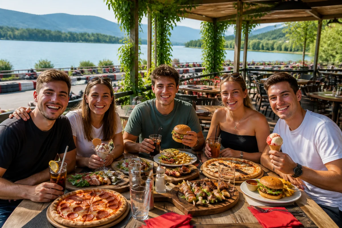 Groupe d’amis partageant un repas convivial au restaurant du Karting Montrevel en Bresse, près d’un lac verdoyant