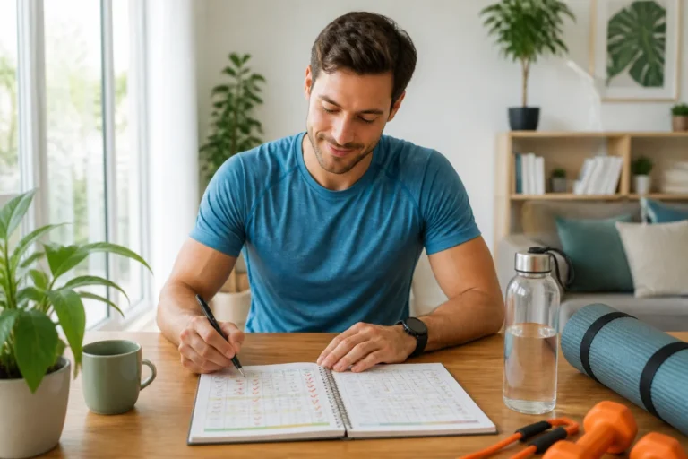 Adulte en tenue de sport planifiant ses objectifs de forme avec Klarafit dans un intérieur lumineux et serein