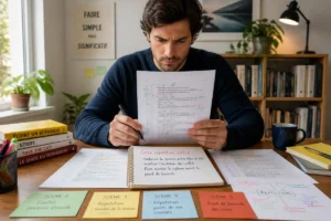 Lecture de scénario pour progresser, avec annotations colorées sur les répétitions, le rythme des scènes et les dialogues.