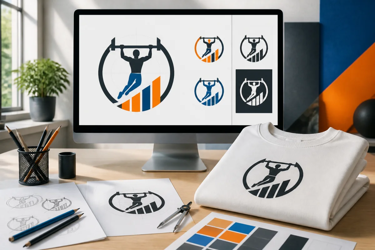 Conception d’un logo pour salle de sport abstrait, décliné en couleurs vives et monochrome sur écran et sweat