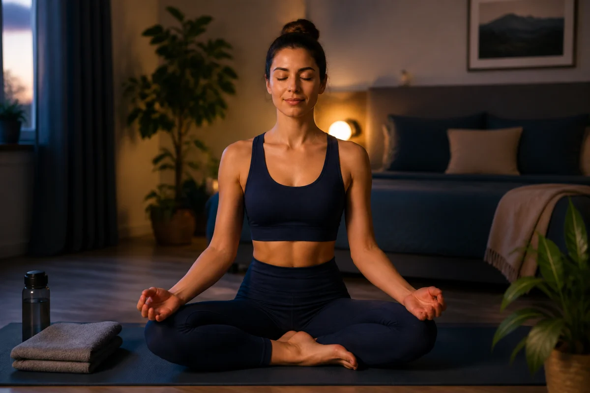 Méditation pour la récupération musculaire après le sport, personne assise en tailleur dans une chambre apaisante