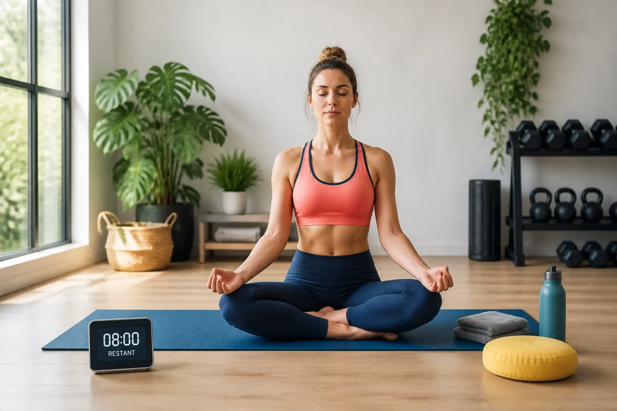 Méditation pour la récupération musculaire après l’entraînement, personne assise sur un tapis avec minuteur de huit minutes