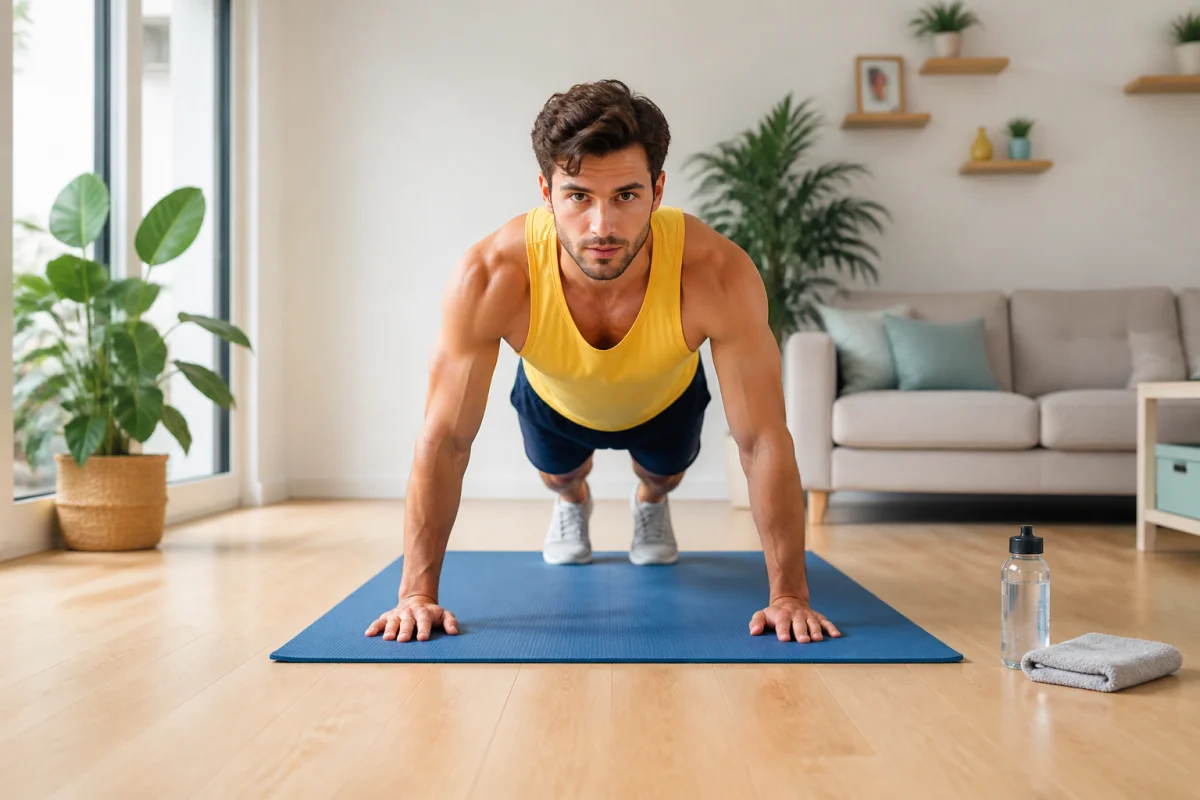 Adulte réalisant une pompe sur tapis bleu dans un salon lumineux, illustrant la musculation à la maison sans matériel