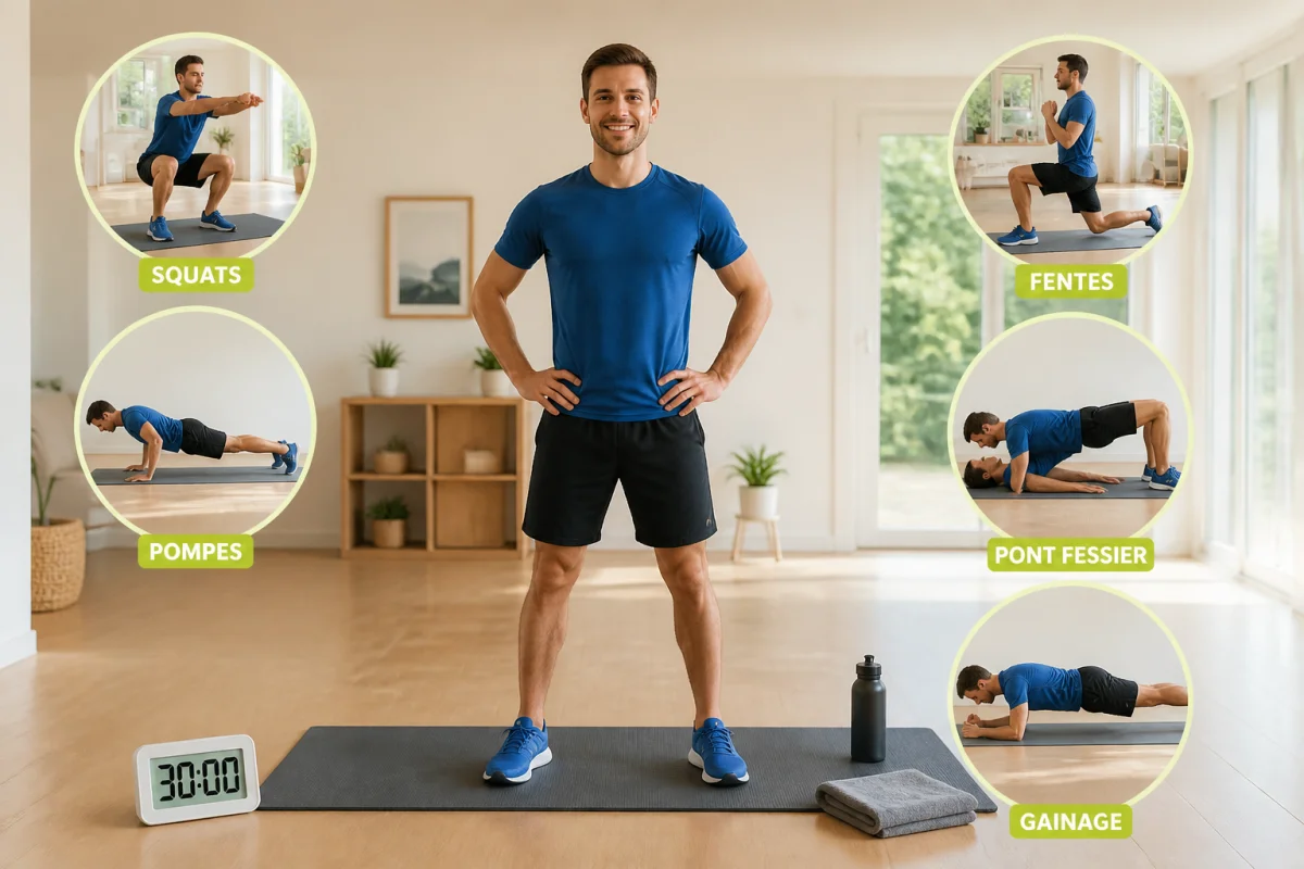 Adulte en tenue de sport réalisant des exercices de musculation à la maison sans matériel sur tapis