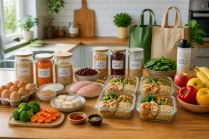Nutrition pour prise de muscle : aliments riches en protéines et repas préparés avec riz, légumes et légumineuses