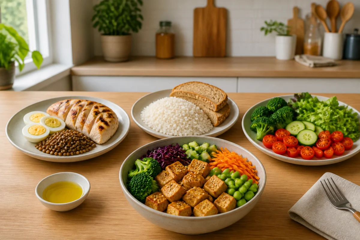 Table de repas simples pour une nutrition pour prise de muscle avec poulet, riz, œufs, lentilles, tofu et légumes