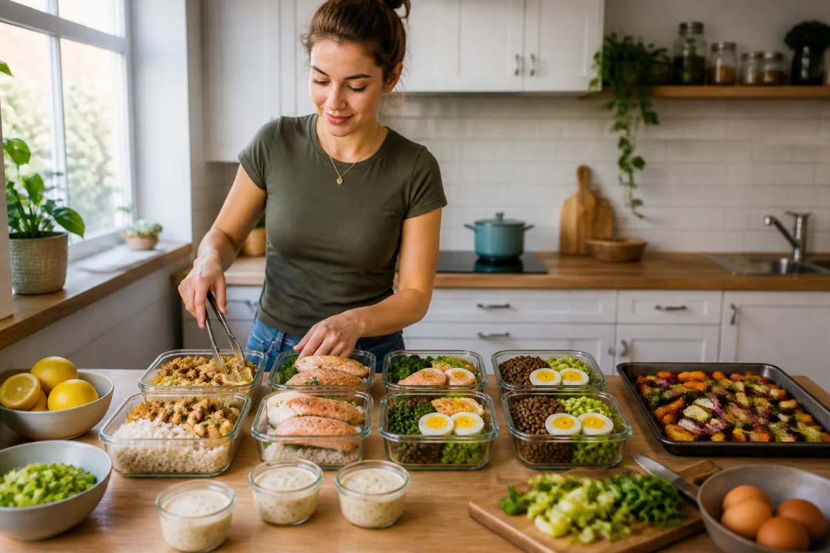 Personne planifiant ses repas protéinés à la semaine avec poulet au paprika, saumon, œufs durs, lentilles et légumes rôtis