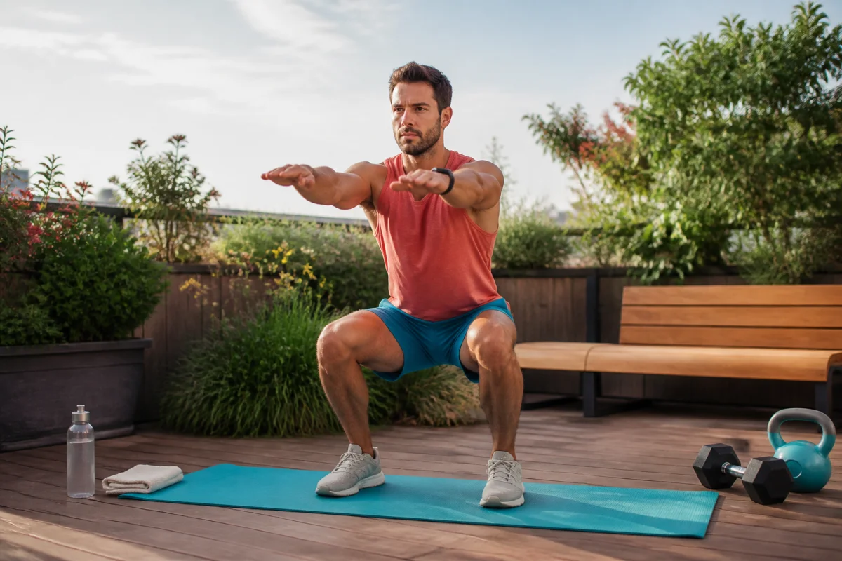 Préparation physique pour le vélo avec exercices au poids du corps sur une terrasse végétalisée