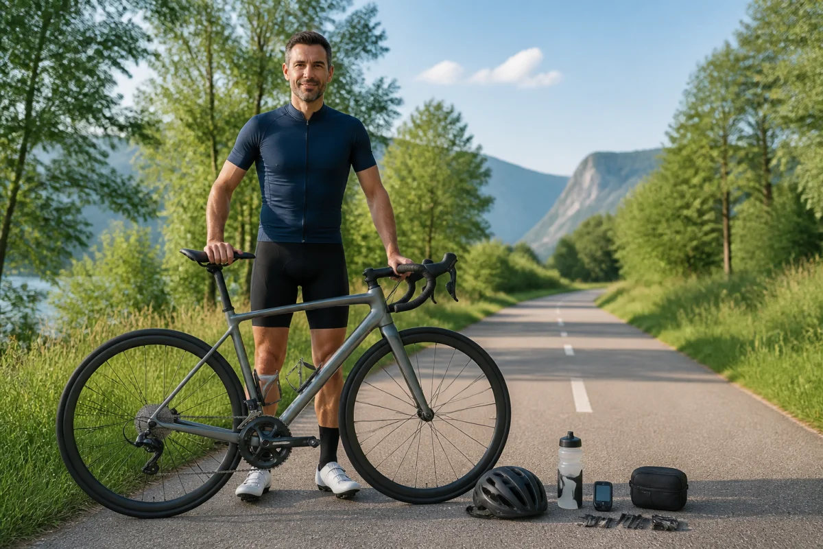 Cycliste présentant son équipement pour une préparation physique pour le vélo sur une piste cyclable arborée