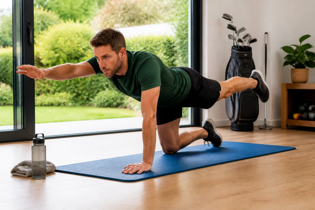 Débutant réalisant un gainage bird dog sur tapis à domicile, dos stable, club de golf à proximité.
