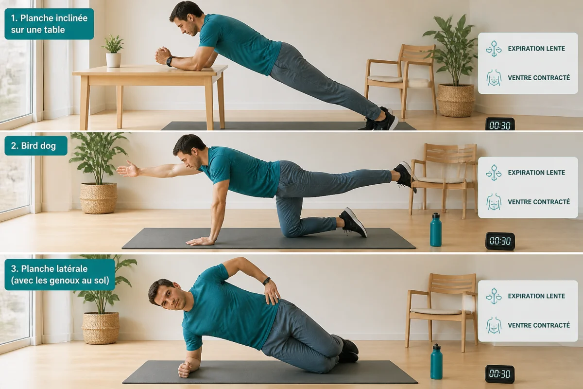 Programme de gainage pour débutants à domicile avec planche inclinée, bird dog et planche latérale sur tapis d’exercice