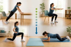 Débutant réalisant une progression d’exercices de musculation à la maison avec pompes, squats, fentes et gainage