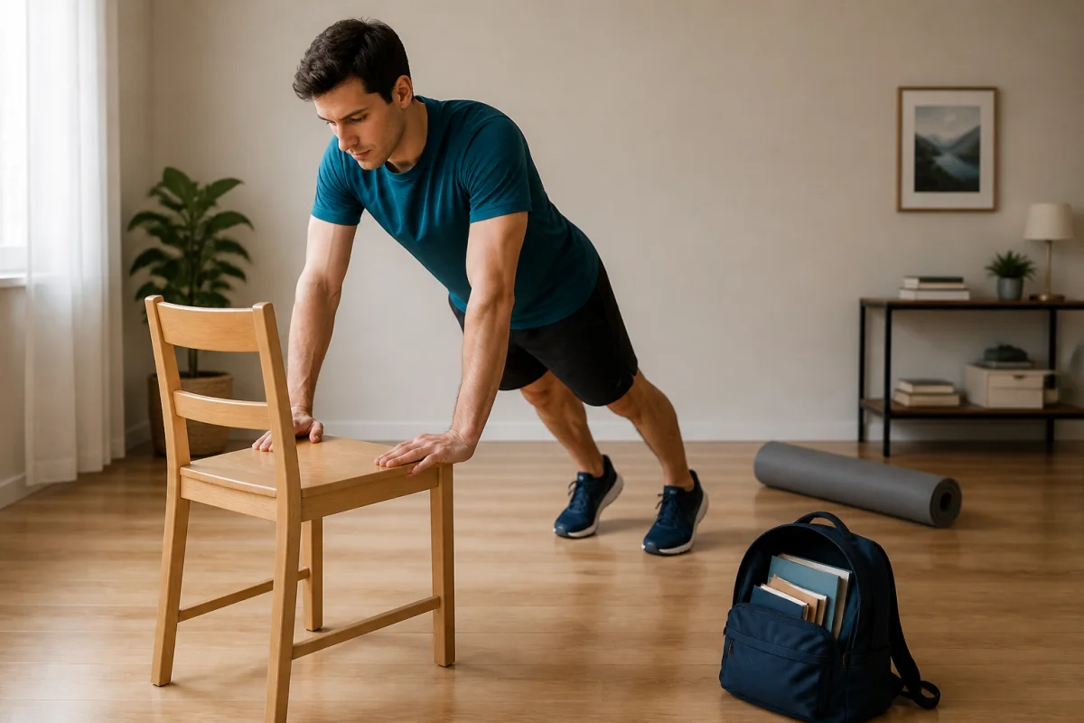 Programme musculation débutant maison : pompes inclinées sur chaise dans un salon lumineux avec sac à dos lesté